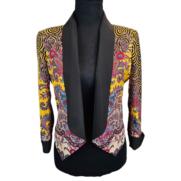Bebe Vibrant Paisley Open Blazer Jacket Size XS Black Artsy Eclectic Boho - Picture 2 of 14